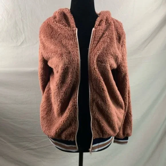 Striped Zip Up Hooded Teddy Jacket - Picture 2 of 5